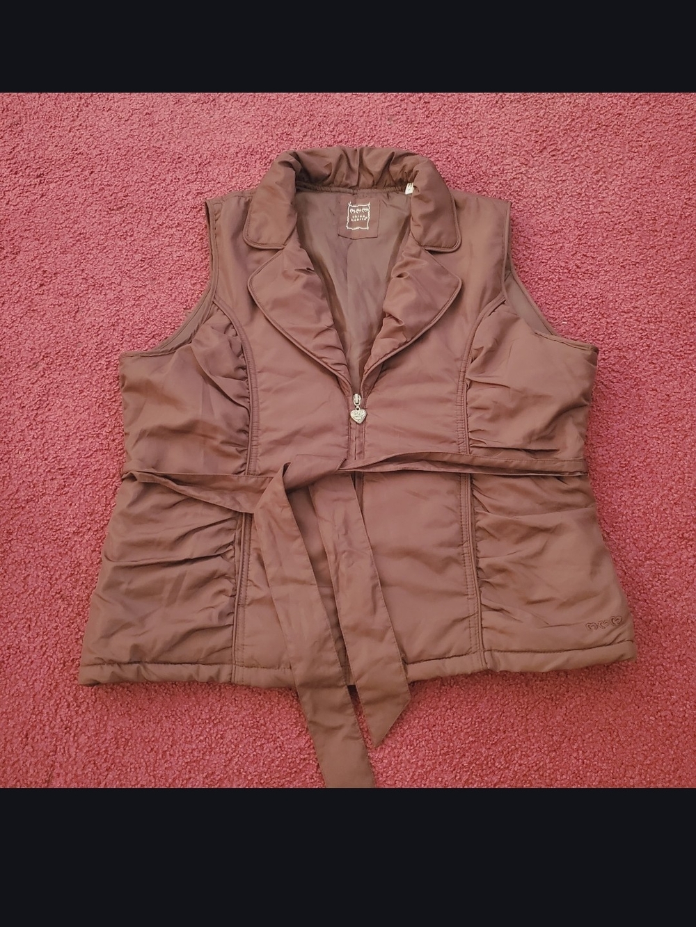 Three Hearts Brown Sleeveless Puffer Vest with Waist Tie